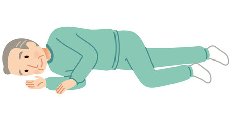 横向きに寝転ぶ高齢者　介護　側臥位