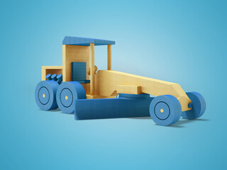 3d illustration of wooden toy grader perspective on blue background with shadow