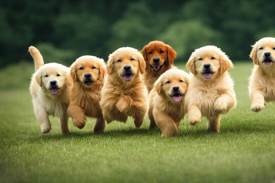 Group of gorgeous golden retriever puppies running, AI generated image