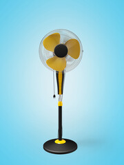3D illustration of yellow air cooler fan on blue background with shadow