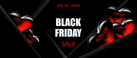 Advertising banner of the Black Friday sale with black and red 3-d hearts.Template for a web banner, poster.Big discounts on Black Friday.