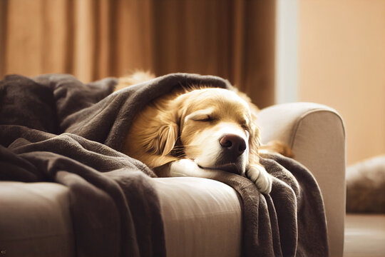 Gorgeous golden retriever sleeping under blanket, AI generated image