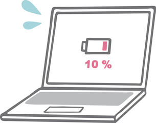 バッテリー切れ　電池が少ない　消耗　ノートパソコン　PC　白黒線画　イラスト素材