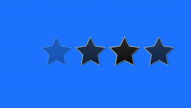 Glowing metallic stars with gold border transition, 5-star rating animation in 4K 60FPS in blue screen chroma key background. Swipe transition animation in high quality.