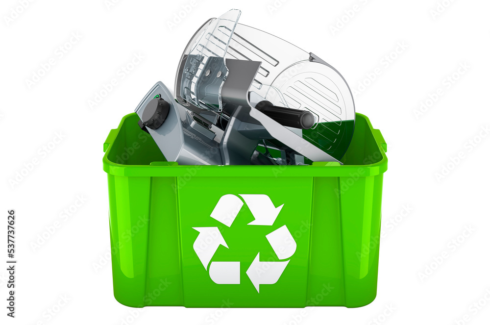 Aufkleber recycling trashcan with slicing machine, 3d rendering