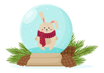 A snow globe with a cute bunny and snow inside against the background of fir branches and cones.