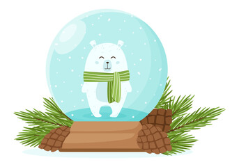 A snow globe with a cute polar bear and snow inside against the background of fir branches and cones.