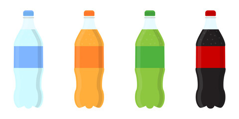 Set Sweet water plastic bottle soda, lemon, orange and water. Drinks in bottles. Plastic beverage bottles icon set. Flat vector icon