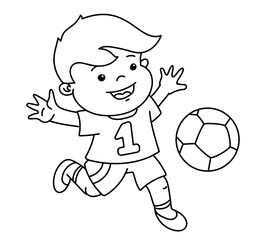 Cheerful boy plays with a soccer ball. Hand drawn cartoon illustration, vector outline coloring page