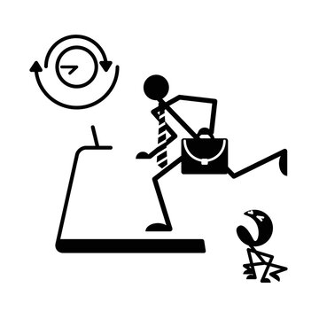 Business Man's Daily Schedule. Combining Work, Family And Hobbies. Crying Baby On The Floor. A Running Man With A Briefcase In A Tie. Clock With Arrows. Treadmill With Runner. Outline Illustration.