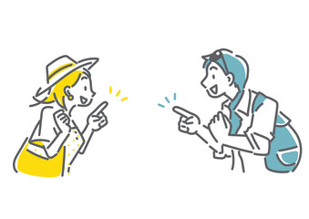 旅行する若いカップル　喜ぶ　シンプルでお洒落な線画イラスト