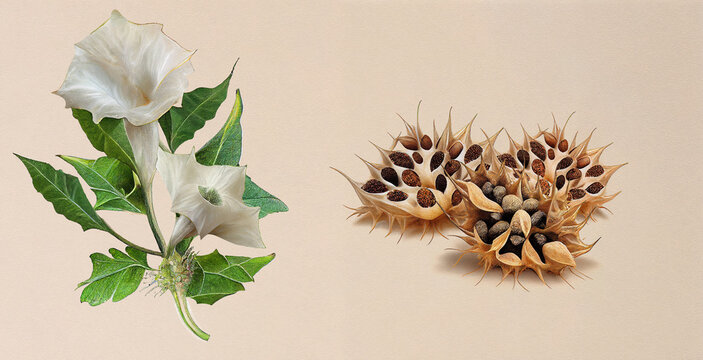 Datura Angel’s Trumpets (Datura Stramonium). Botanical illustration on white paper. The best medicinal plants, their effects and contraindications. Natural medicine. Plant 