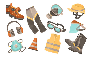 Safety accessories for workers vector illustrations set. Collection of personal protective equipment for workers isolated on white background. Safety, security, protection, prevention concept - obrazy, fototapety, plakaty