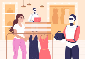 Robot helping customer with choosing fashion items in shop. Robotic assistant showing bag to woman in boutique flat vector illustration. AI, fashion, high tech concept for banner or landing web page