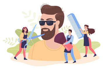 Tiny hairdressers grooming beard of huge stylish hipster. Workers with scissors and comb styling hair of person flat vector illustration. Barbershop concept for banner, website design or landing page