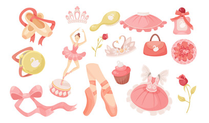 Accessories for ballet dancer vector illustrations set. Collection of pink objects and clothes, perfume, pointe shoes, tutu, hairbrush, tiara isolated on white background. Ballet, decoration concept - obrazy, fototapety, plakaty