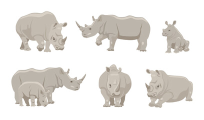 Rhinoceros with young animal cartoon illustration set. Gray rhino character in different positions, walking, lying and sitting on white background. Animal, family, wildlife concept