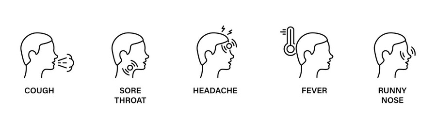 Symptoms of Virus Disease Black Line Icon. Headache, Fever, Runny Nose, Cough, Sore Throat Linear Icon. Covid Symptoms Outline Pictogram. Editable stroke. Isolated Vector illustration