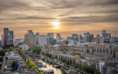 Sky line of Rotterdam, Netherlands at sunset