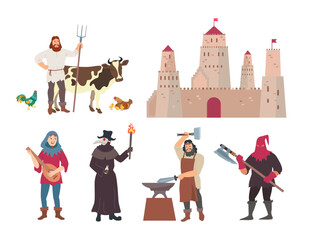 Medieval people of different trades cartoon illustration set. Farmworker with cow, executioner, swordsmith characters of middle age period. History, historic building, renaissance concept