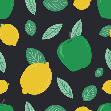 Apple and lemon seamless pattern with leaves on a black background. Hand drawn illustration