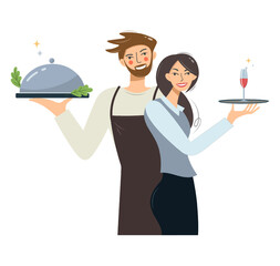 Restaurant waiter and waitress. Flat design vector illustration. Working professions, woman and man, cooks and waiters. Chef, cook and restaurant professional worker in uniform with aprons with trays.
