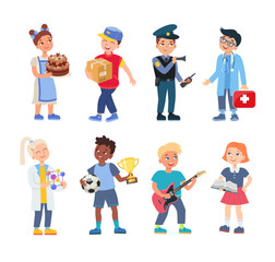 Kids in professional uniform set. Vector illustrations of children choosing future profession. Cartoon pastry chef postman policeman doctor scientist soccer musician isolated on white. Job concept