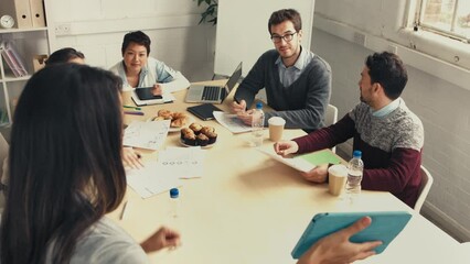 Business woman, speaker and tablet in meeting, digital marketing strategy or advertising presentation in global office. Talking worker, mentor or employee with technology in boardroom people workshop