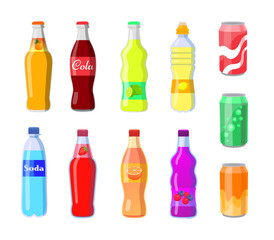 Sodas in glass and plastic bottles or cans set. Vector illustrations of fizzy cold energy drinks. Cartoon various carbonated water and sparkling beverage isolated on white. Refreshment concept - obrazy, fototapety, plakaty
