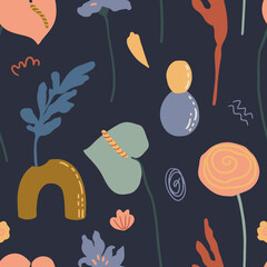 Abstract colorful simple geometric floral shapes, anthurium flowers, poppy flowers in vase, boho shapes. Modern simple abstract seamless pattern background.