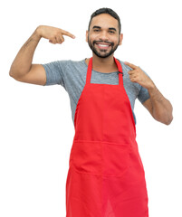 Motivated latin american clerk or waiter or chef with red apron