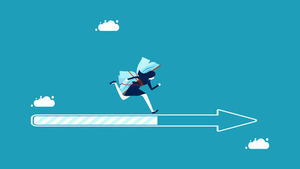 Progress in learning. a businesswoman with a book running on an arrow pointing forward vector