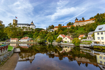 Fototapeta premium Small ancient town and medieval castle Rozmberk nad Vltavou, Czech Republic.