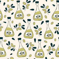 Cute seamless pattern with oil bottles and olive