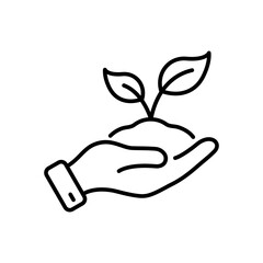 Hand Hold Organic Leaf in Soil Line Icon. Cultivation Greenery Ecology Plant Linear Pictogram. Germinating Eco-Agriculture Outline Symbol. Editable Stroke. Isolated Vector Illustration