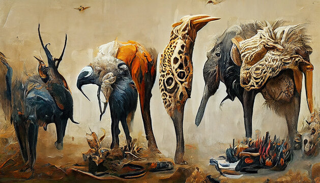 Surreal painting of African animals.. Digital illustration.