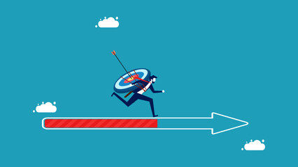 Follow progress goals. Businessman with a goal running on an arrow pointing forward vector