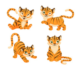 Funny tiger cartoon character vector illustrations set. Orange animal with cute muzzle sitting, waving and smiling, symbol of 2022 isolated on white background. New Year, wildlife concept