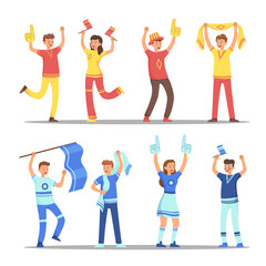 Group of football or soccer fans flat vector illustrations set. Team of happy cartoon men and women with flags and scarves, girls and guys as spectators, crowd of people. Sports, support concept