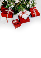 Wrapped Christmas gifts under the New Year tree on a white background, space for text