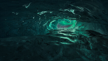 Traveler against night sky with glowing polar lights