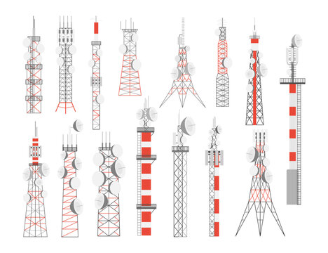 Antenna tower with satellite dishes vector illustrations set. Radio, communication or telecom transmission towers, internet, television or telephone broadcasting. Telecommunication, network concept