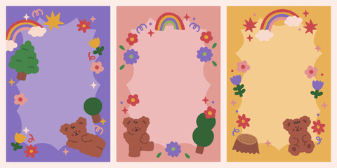 Set of children memo scrapbook and notes cute bear wreath templates