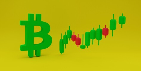 Obraz premium 3D illustration, image of Bitcoin and candlestick chart, yellow background ,3D rendering.