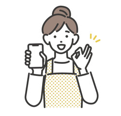 スマホを持ってOKサインをとる主婦のベクターイラスト素材／ポイ活／嬉しい