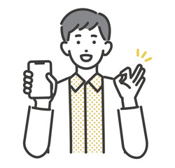 スマホを持ってOKサインをとる男性のベクターイラスト素材／ポイ活／嬉しい／ビジネス