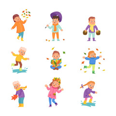 Cute cartoon children in autumn flat vector illustrations set. Little kids in warm clothes with umbrella, picking mushrooms and leafs isolated on white background. Season, outdoor activity concept