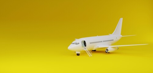 3D illustration, airplane, yellow background, copy space, 3D rendering.