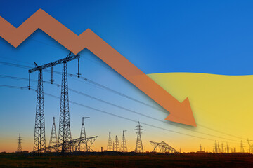 Power lines and dropping down arrow next to Ukrainian flag. Energy crisis in Ukraine. Decreasing electricity generation and supply. Blackout in UA.