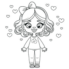 Cute cartoon curly haired girl outlined for coloring page on white background